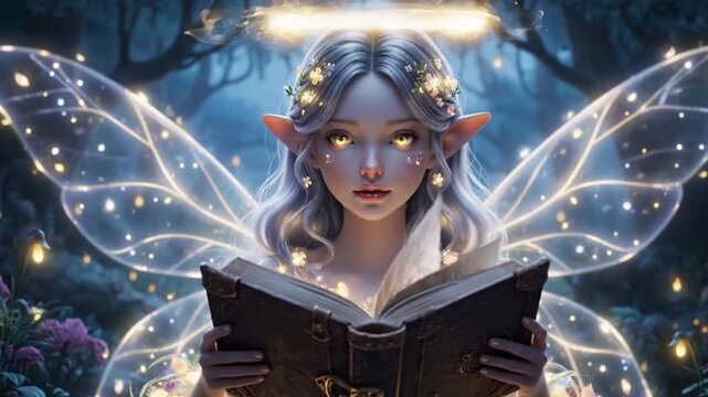 Magical fairy elf reading glowing book in enchanted night forest
