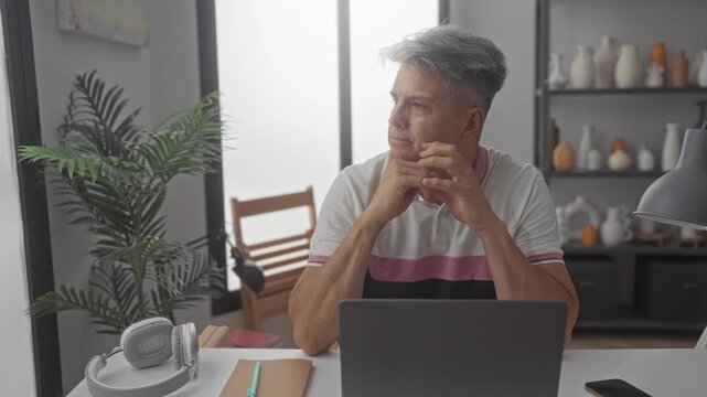Senior man with hands clasped under chin at a desk with laptop, headphones and notebook in a studio with plant and shelf; quiet contemplation.