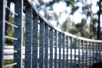 Fototapeta premium A curved metal railing overlooks a wooded area.