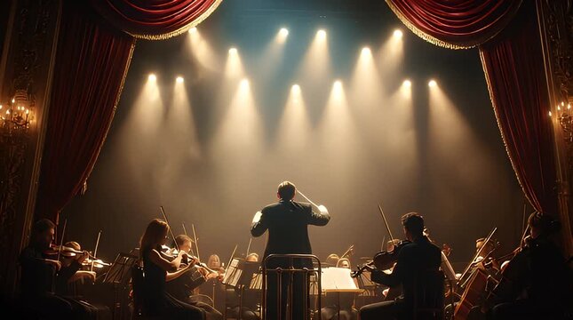 Conductor leads orchestra on a dramatically lit stage, showcasing the grandeur of classical music