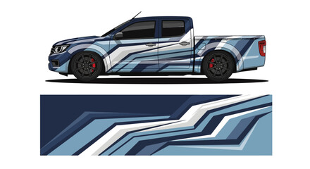 Fototapeta premium Blue graphic pickup truck with dynamic striped design and modern styling.