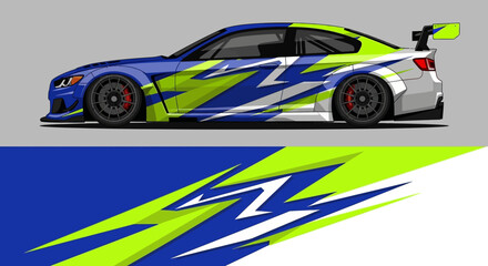 Obraz premium Side profile of a blue and neon green racing car with dynamic livery and graphic designs.