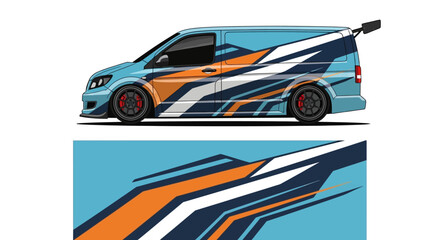 Fototapeta premium Graphic-wrapped blue and orange van with bold stripes and modern street-ready design.