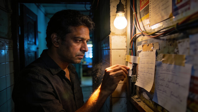 薄暗い裏通路で立ち止まる南アジア40代男性、美化されない手直しが語る夜の温度