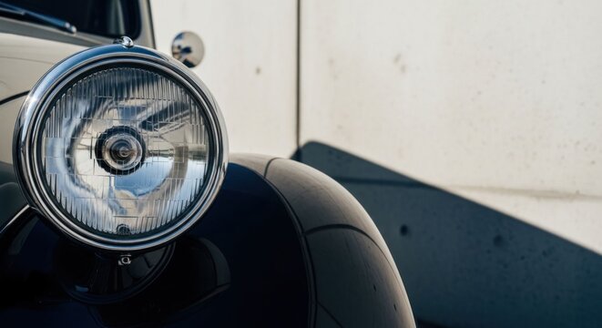 Close-up of classic car's headlight with reflection, against a concrete wall