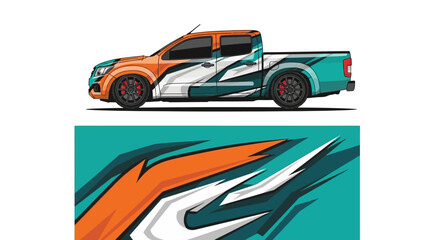 Fototapeta premium Stylized futuristic pickup truck illustration with vibrant teal and orange accents.