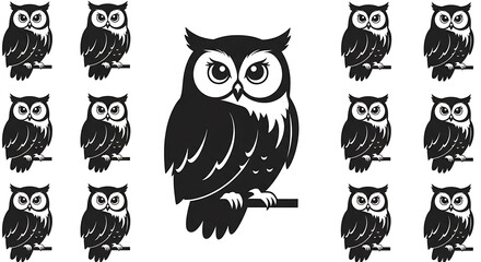 Obraz premium Set of 13 owl icons vector, black and white