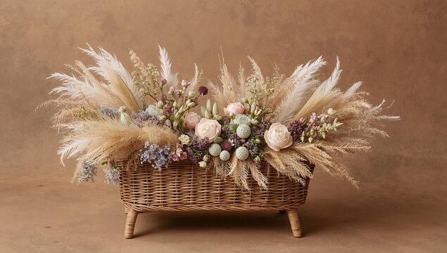 Boho baby bassinet with pampas grass and flowers