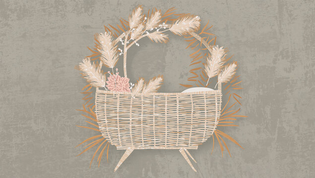 Boho baby bassinet with pampas grass and flowers