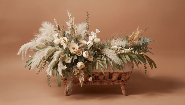 Boho baby bassinet with pampas grass and flowers