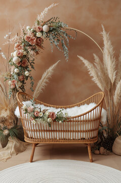 Boho baby bassinet with pampas grass and flowers