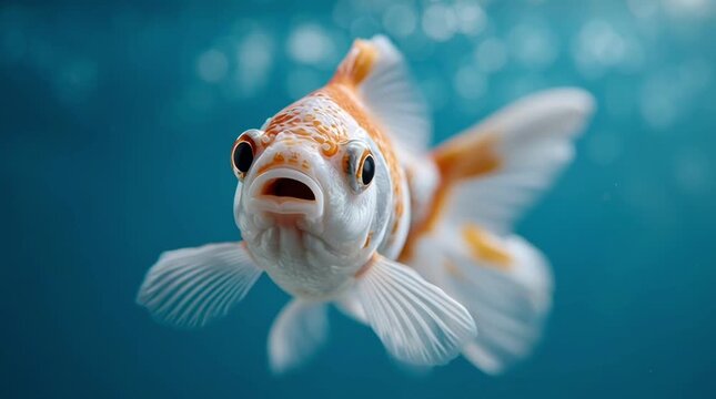 Tracking slow motion forward dolly of goldfish swimming toward camera in aquarium with blue water background and bubbles