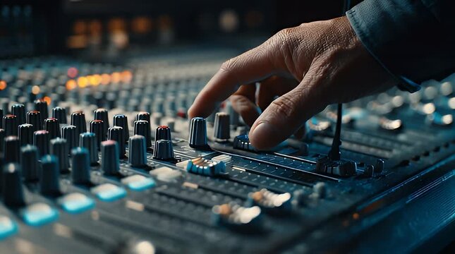 Professional sound engineer fine-tuning audio levels on a modern mixing console in a recording studio