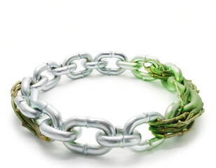 Fototapeta premium Metallic chain links transitioning into intertwined green vines