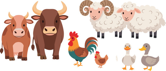 Fototapeta premium Set of Cute Cartoon Farm Animals Including Cow, Sheep, Rooster, Hen, Duck, and Goat in a Playful Style