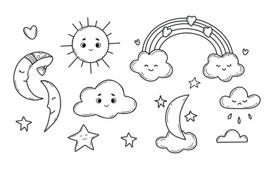 Fototapeta premium Cute Weather Doodle Set. Outline Sun, Clouds, Rainbow, Moon and Stars Hand Drawn. isolated Line Art Vector Illustration on white Background. Baby Nursery Design Elements