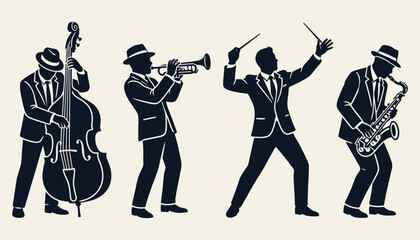 Vintage jazz band silhouette illustration with musicians playing instruments © 777SKYLABS