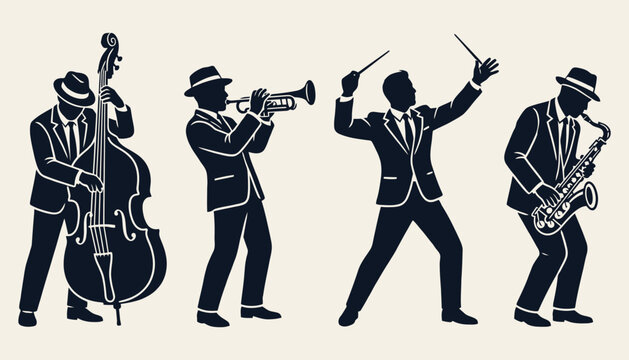 Vintage jazz band silhouette illustration with musicians playing instruments