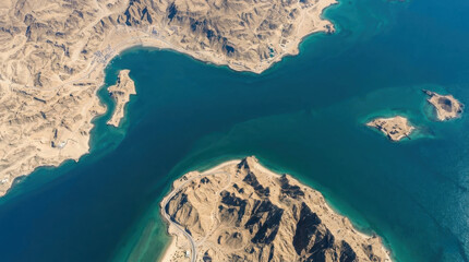 Fototapeta premium High angle satellite view of the Strait of Hormuz showing the strategic maritime chokepoint between Iran and Oman for global trade and logistics