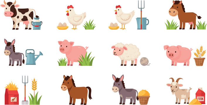 Farm animals and agriculture elements set, cute cow pig sheep chicken horse donkey and farming tools collection flat vector illustration