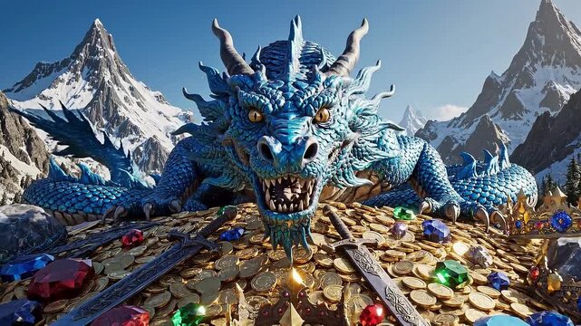 Blue Dragon Guarding Gold Treasure Hoard in Snowy Mountains