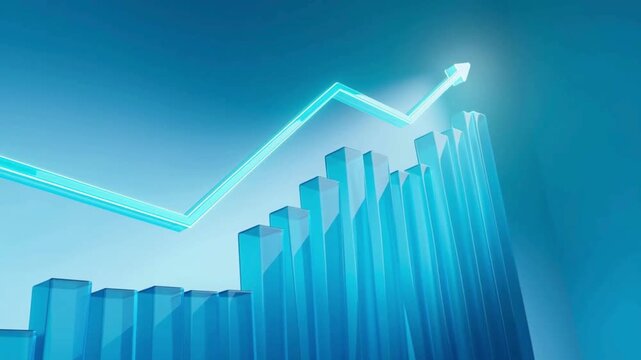 blue bar graph chart going up with arrow pointing upwards