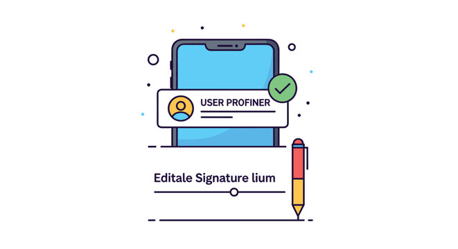 Digital user profile interface on a smartphone screen showing an editable signature feature with a pen icon for online documentation and security.