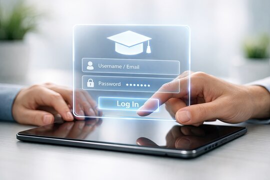 Student logging into online education portal on tablet with holographic interface.