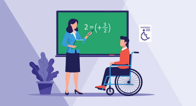 Supportive teacher explaining a math problem on a chalkboard to a young male student in a wheelchair in an inclusive classroom setting.