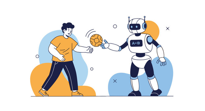 Young man and a modern robot playing with a basketball together symbolizing human-robot interaction and a futuristic active lifestyle.