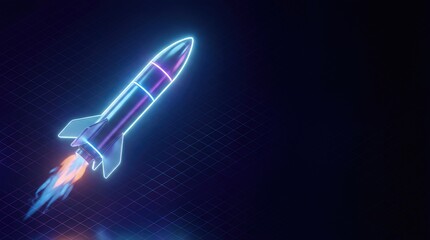 Fototapeta premium Neon Glowing Rocket Launching on Dark Grid Background with Copy Space