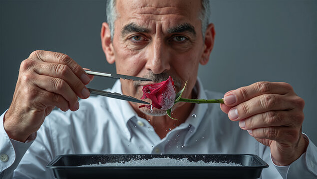 取材向け極低温実験、中東60代男性が砕く凍結バラと白い破片の飛散