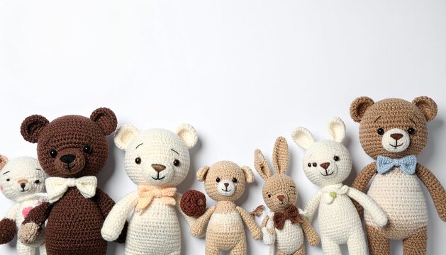 knitted bear dolls and animals in a flat lay with copy space for tex
