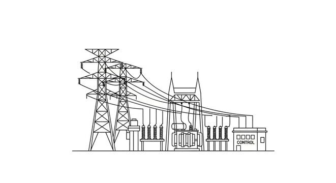 Electric substation with transmission tower diagram.
