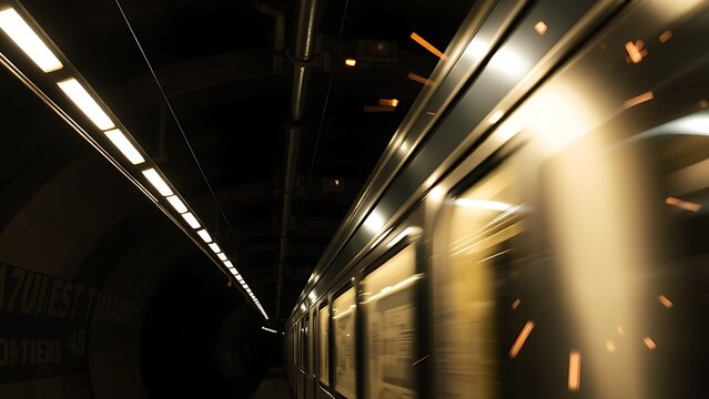 pantograph. Train's pantograph sliding against wires in dark tunnel with motion blur and sparks. mobility guides, transit brochures, designed for transport & logistics marketing.