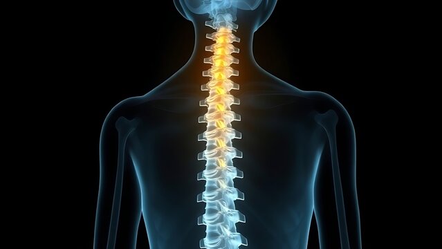 culpability. X-ray silhouette of a human spine with a subtle golden coil ascending within the vertebrae. STEM education sheets, lab safety posters, designed for biotech research communications.