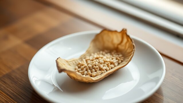 beniseed. A dried sesame pod split open on a white plate, revealing tiny seeds. gardening catalogs, home-decor guides, designed for home decor and floral branding, used by chefs.
