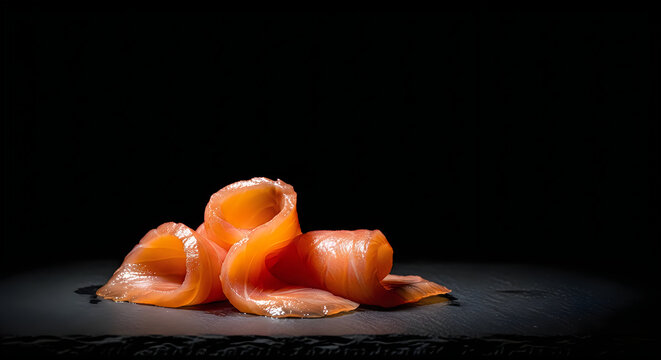 Delicious slices of smoked salmon fillet on a dark surface with a black background