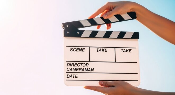 Hands holding a film slate against a bright, clear sky
