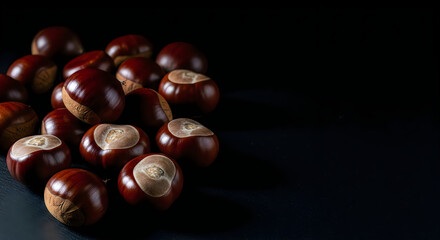 Obraz premium A pile of shiny brown chestnuts on a dark surface with some cut open to reveal the inside