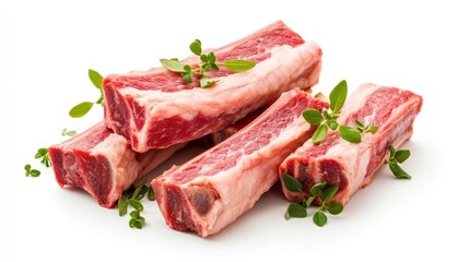 Fototapeta premium Savory Ribs with Herbal Garnish: A mouthwatering display of fresh, raw ribs, meticulously arranged and delicately adorned with aromatic herbs, showcasing culinary excellence.