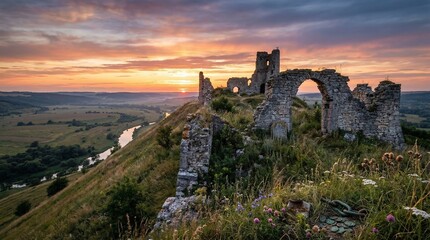 Fototapeta premium Ruins of an ancient castle on a hilltop during sunset 