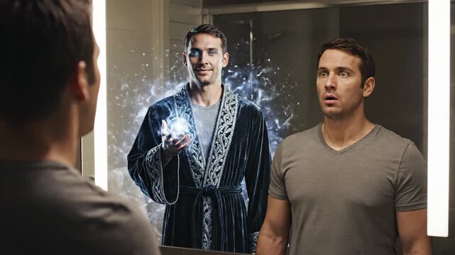 Man seeing his magical superhero alter ego in the mirror