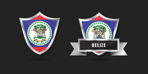 Naklejka premium Premium glossy silver shield emblems featuring the national flag of Belize. Includes a version with a name banner. High-quality vector graphics for Central American patriotic designs