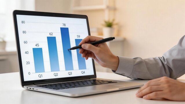 Person Analyzing Bar Chart on Laptop