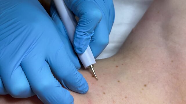 Surgery concept. Papillomas removal. Close up. Doctor removing mole in surgical procedure by burning it with medical tools and equipment on male body. High quality 4k footage