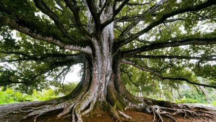 Obraz premium Wide trunked tree displaying sprawling roots in woodland