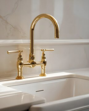 A luxurious white fireclay single-bowl sink with brushed gold finish blending elegance and function