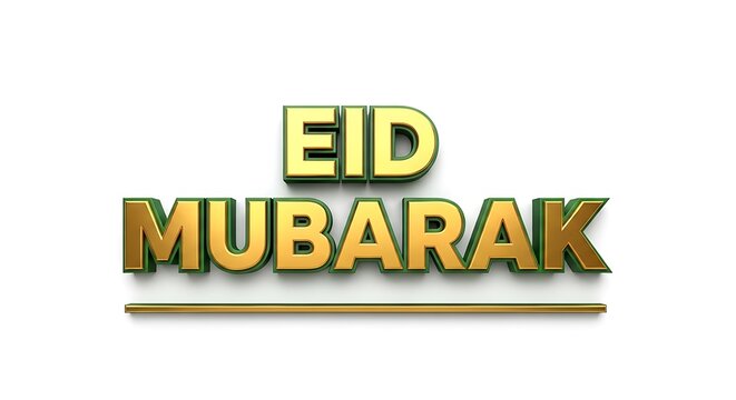 Eid Mubarak greeting text with gold color and green shadow