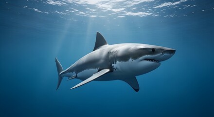 Obraz premium Powerful Great White Shark Swimming Deep Blue Ocean Water